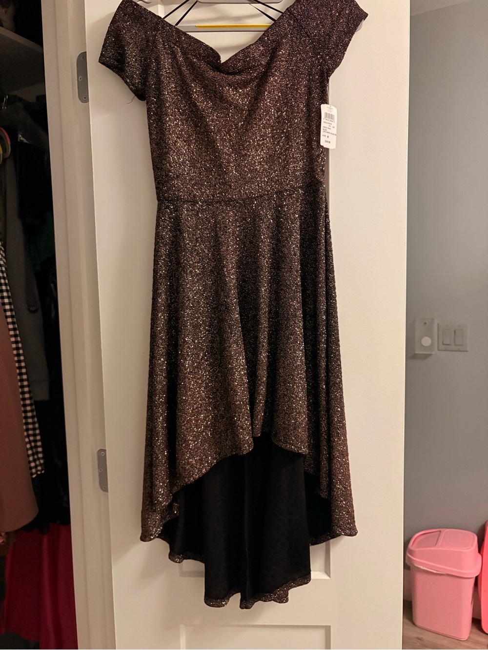 Windsor Glitter Off-Shoulder High-Low Dress - Brown